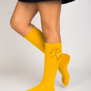 Meias pelo joelho em algodão penteado superior com laço de cetim